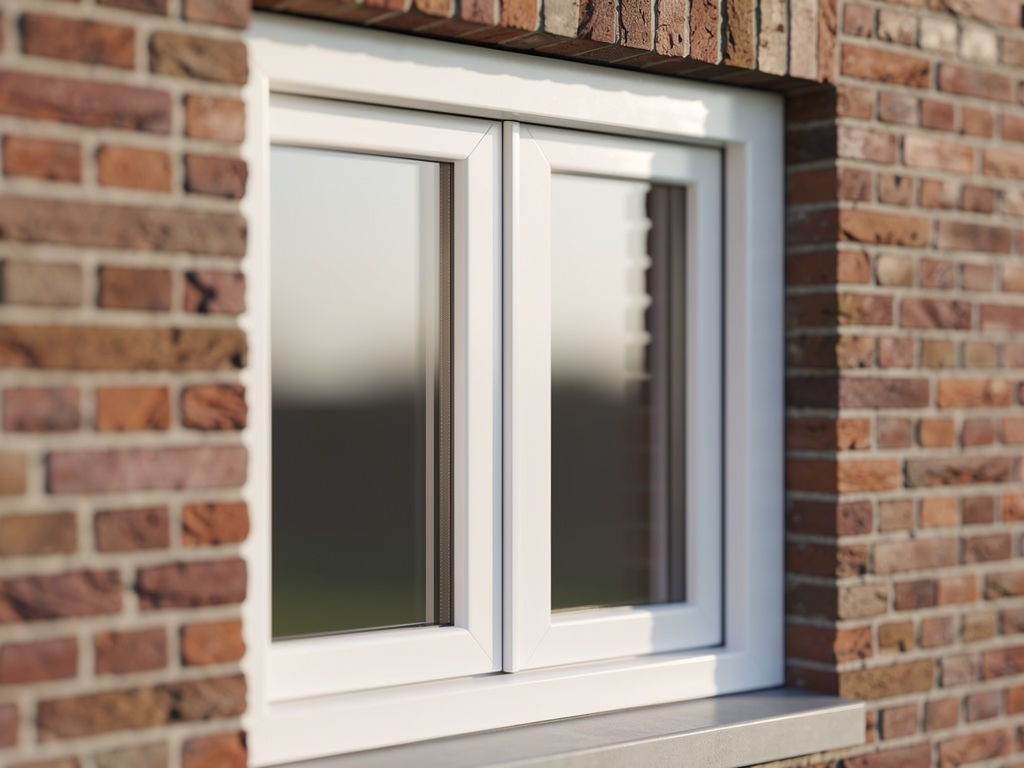 Close-up van wit kunststof schuifraam met dubbel glas in een Haarlemse bakstenen gevel