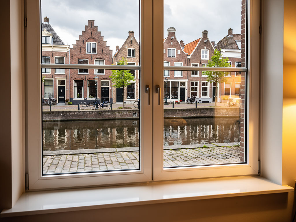 Interieurzicht door wit kunststof raamkozijn op een gracht in Haarlem