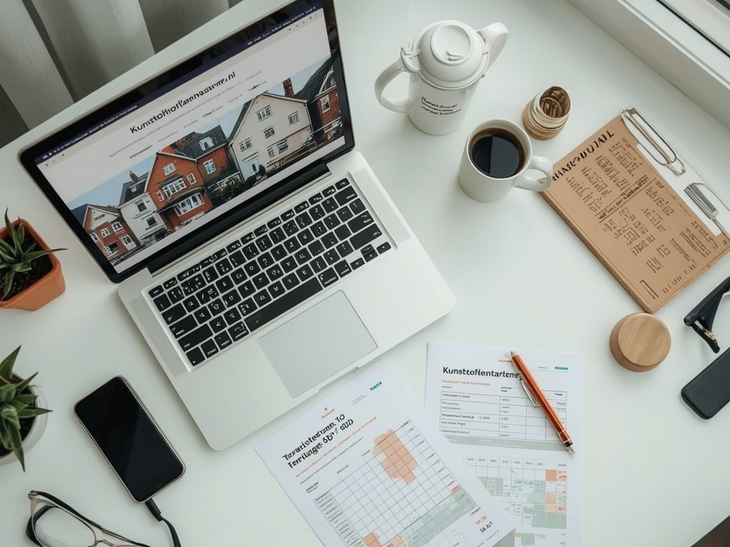 Bureaublad met laptop waarop een kostencalculator voor kunststof kozijnen en papieren prijsvergelijkingen voor Haarlem.