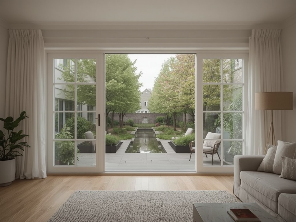 Brede witte 3-delige kunststof schuifpui met zicht op Haarlemse tuin.