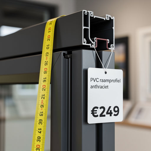 Close-up van een antraciet kunststof kozijnprofiel met prijslabel en meetlint.