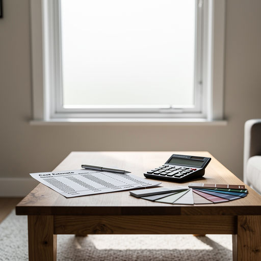 Interieur met houten tafel waarop offerte, rekenmachine en staalkaart, kunststof kozijn zichtbaar in de achtergrond.