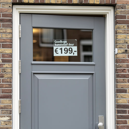 Close-up van goedkope grijze kunststof deur met kozijn en zichtbare prijssticker.