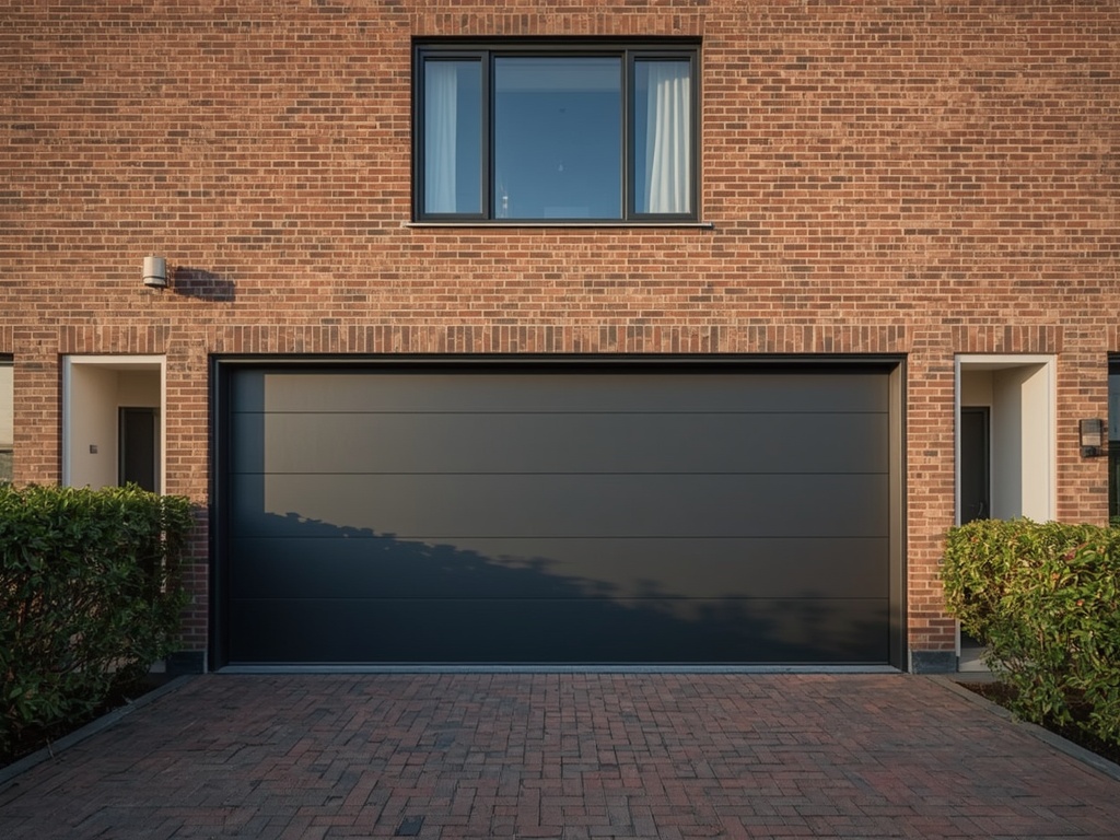 Moderne bakstenen gevel met grote antraciet 4-delige kunststof schuifpui in zonlicht.