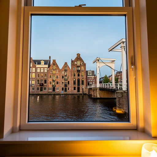 Zicht vanuit de serre van een Uitgeester woning door zwarte kunststof kozijnen op het Uitgeestermeer met zeilboten.