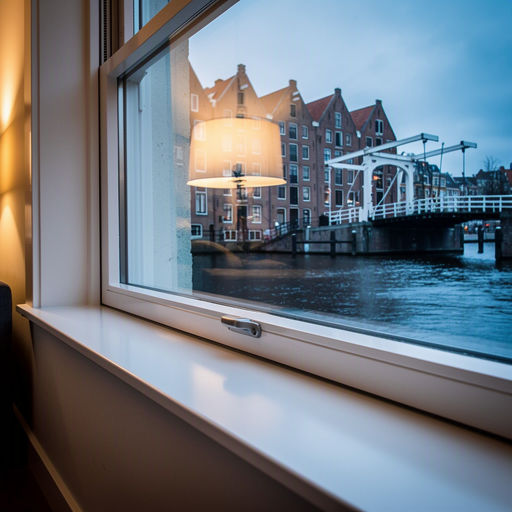 panoramisch uitzicht vanuit woonkamer in Noordwijk door wit kunststof raamkozijn over de Noordzee