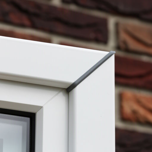 Detailopname van een witte kunststof kozijnaansluiting op roodbruin metselwerk van een jaren 30-woning in Uitgeest.