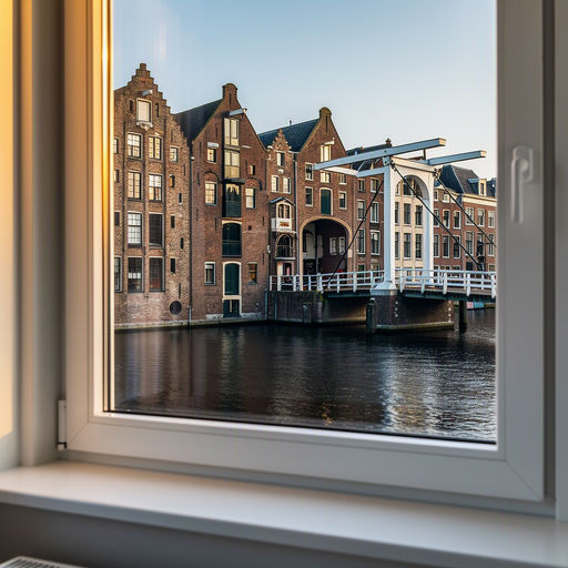 blik vanuit woonkamer in Haarlem door wit kunststof raamkozijn naar de Spaarne met pakhuizen