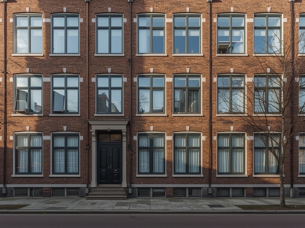 typische Amsterdamse School portiekflat met antraciet grijze kunststof kozijnen en sierlijk baksteenpatroon