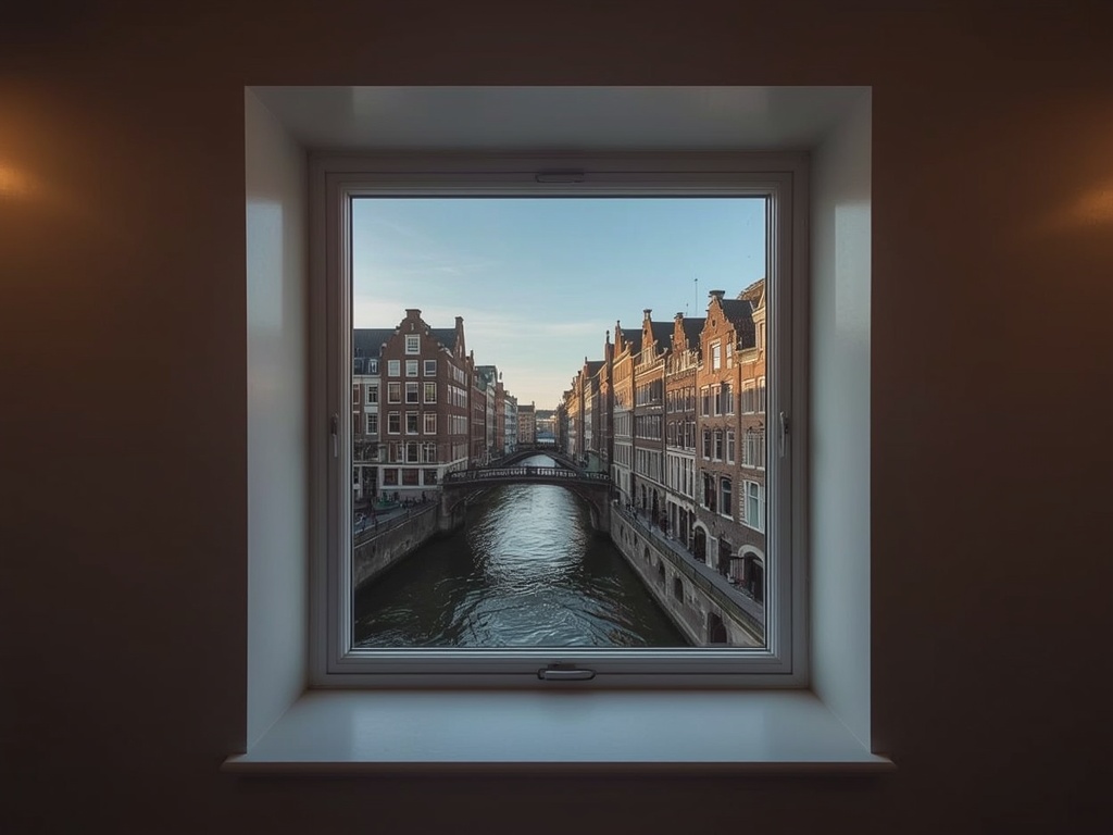 uitzicht vanuit een bovenwoning in Zaandam door een groot kunststof raamkozijn op de Zaan met historische pakhuizen