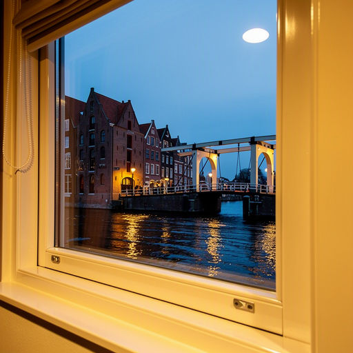 blik vanuit woonkamer in Heemskerk door wit kunststof raamkozijn naar kasteel Marquette