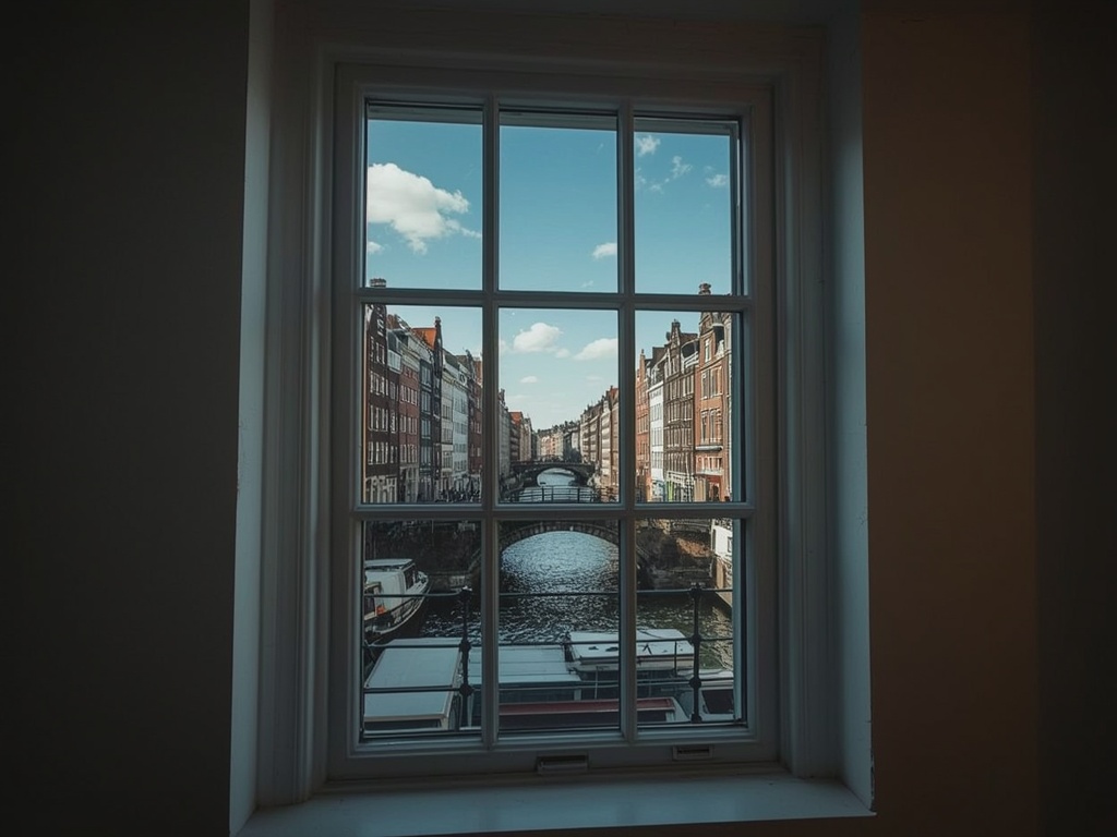 blik vanuit woonkamer in Beverwijk door wit kunststof raamkozijn naar de Wijkermeer met boten