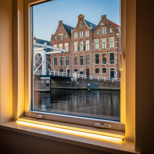 blik vanuit woonkamer in Haarlem door wit kunststof raamkozijn naar de Spaarne met pakhuizen