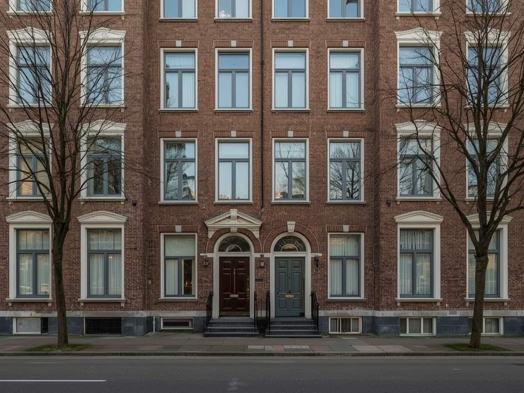 Amsterdamse School portiekwoning in IJmuiden met antraciet grijze kunststof kozijnen en siermetselwerk