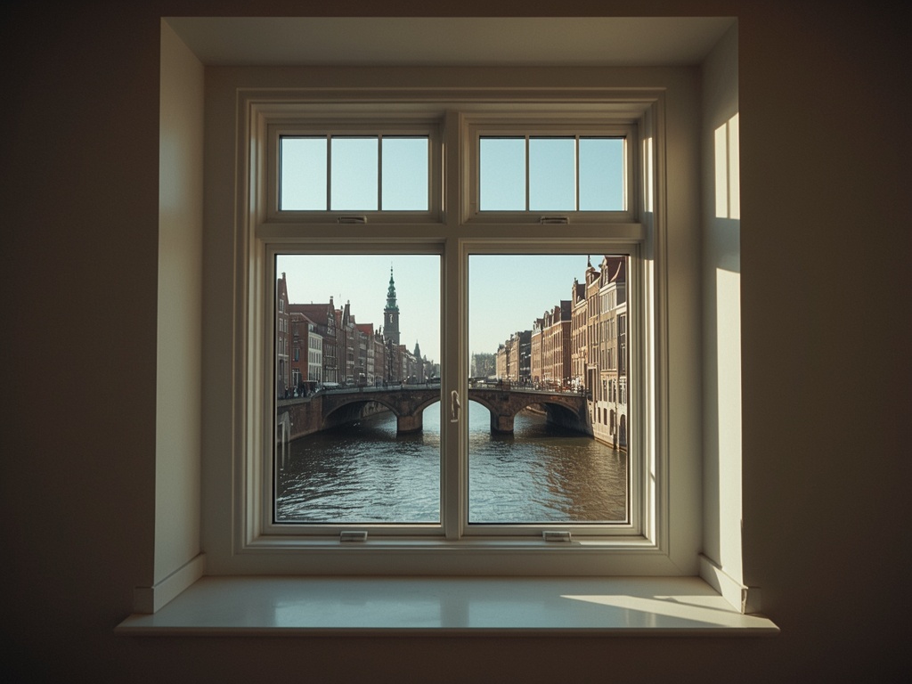 blik vanuit woonkamer in Haarlem door wit kunststof raamkozijn naar de Spaarne met pakhuizen