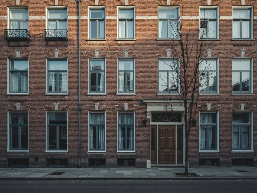 Amsterdamse School portiekwoning in Noordwijk met antraciet grijze kunststof kozijnen en siermetselwerk