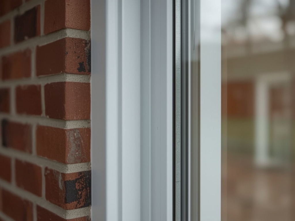 detailopname van hoekverbinding wit kunststof kozijn met afdichtingsrubber tegen siermetselwerk in Noordwijk