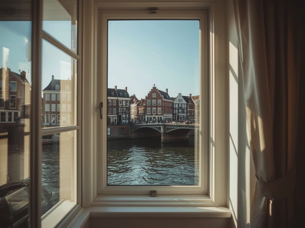 uitzicht vanuit een Amsterdams appartement door antraciet kunststof draai-kiepraam op pakhuizen aan het IJ