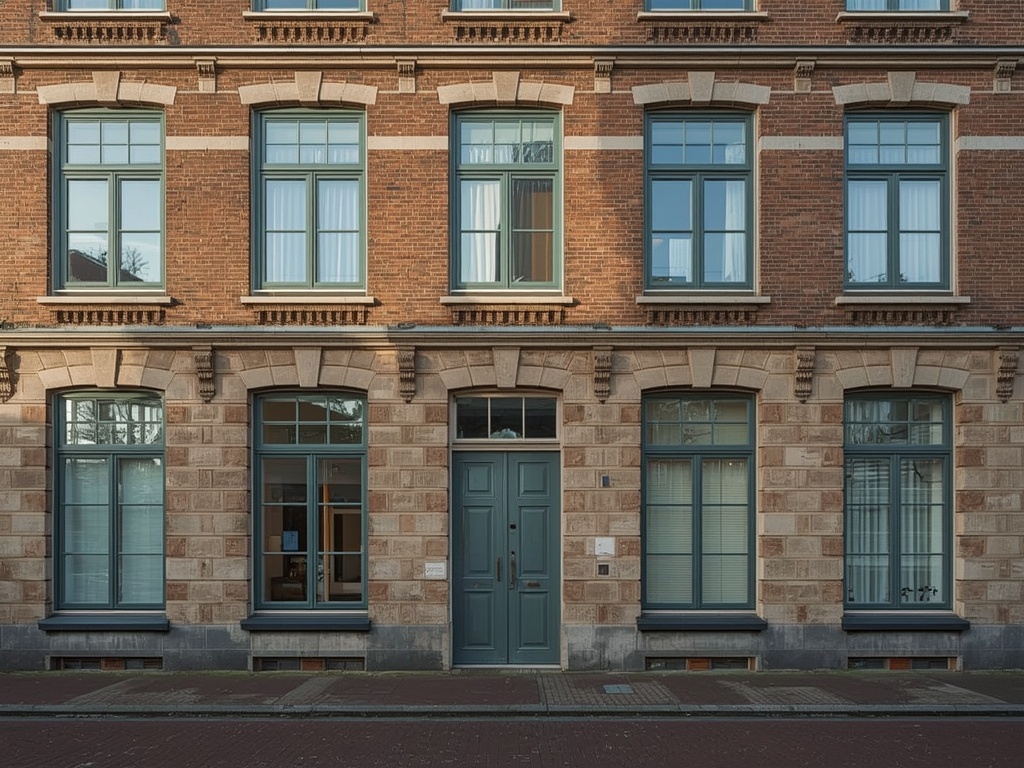 Amsterdamse School portiekwoning in Hillegom met antraciet grijze kunststof kozijnen en siermetselwerk