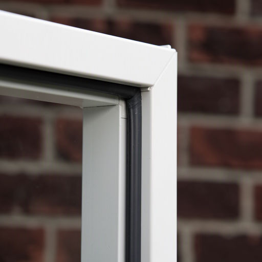 Detailopname van een strakke lasverbinding in een wit kunststof kozijnprofiel tegen gevarieerd metselwerk in Heemstede