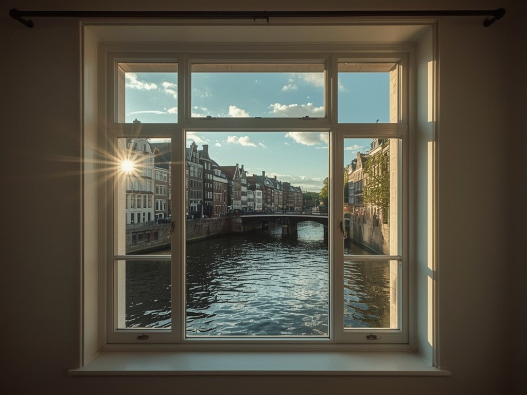 blik vanuit woonkamer in IJmuiden door wit kunststof raamkozijn naar de haven met vissersboten