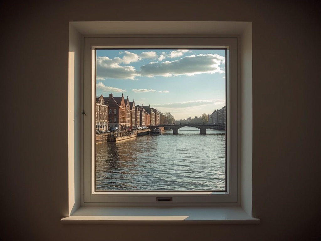 Uitzicht vanuit een woonkamer in Sassenheim door een kunststof raamkozijn op een rustige dorpsstraat met lindebomen